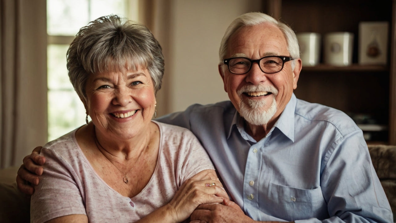 Glückliches älteres Paar sitzt zusammen in gemütlichem Zuhause, altersgerechtes Wohnen Thema