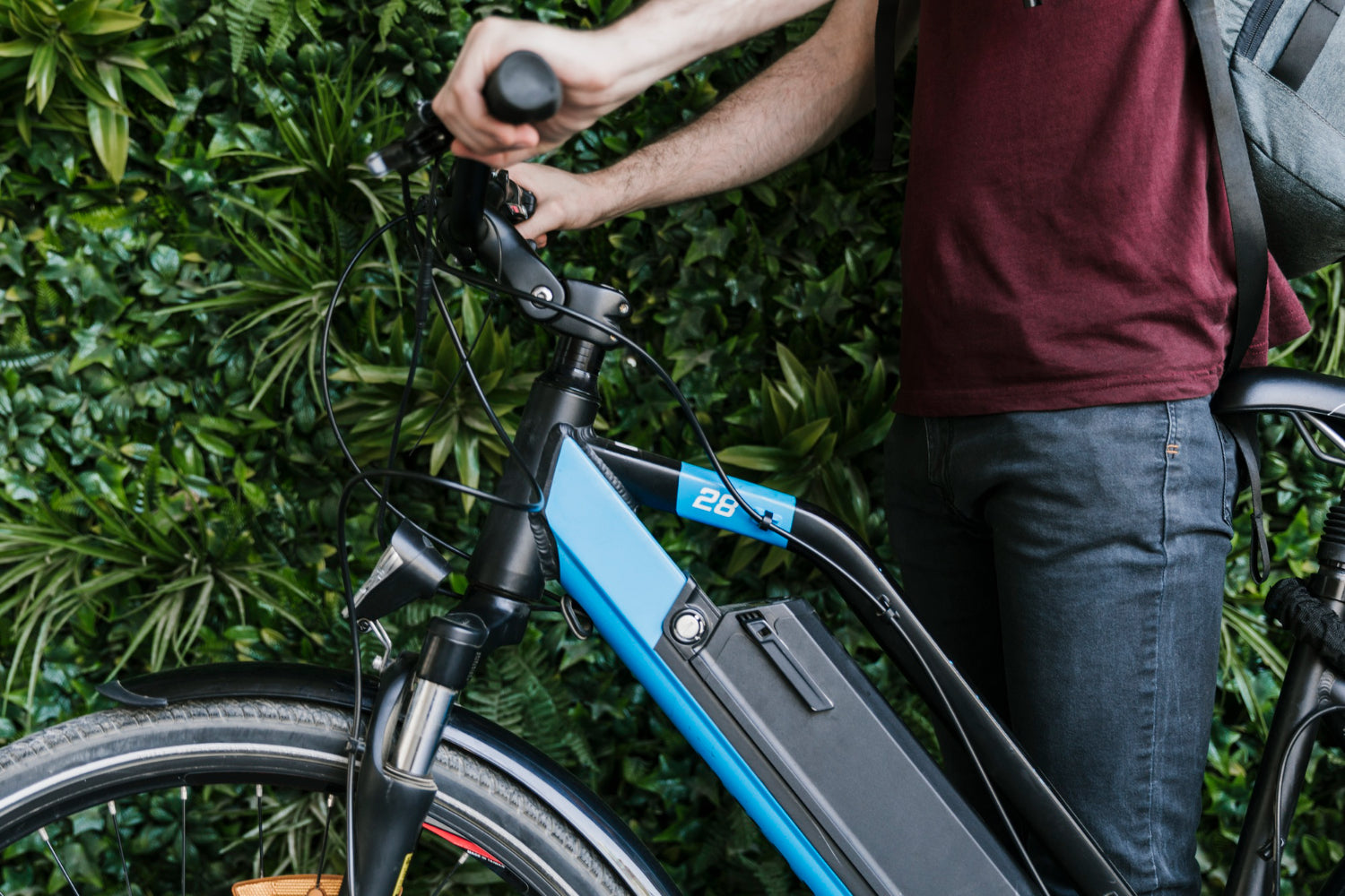 Person in rotem T-Shirt mit E-Bike vor grüner Wand mit Pflanzen