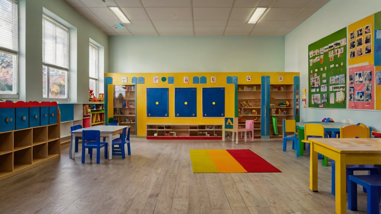 Bunter Kindergartenraum mit Tischen, Stühlen, Lernregalen und Teppich für Kinder