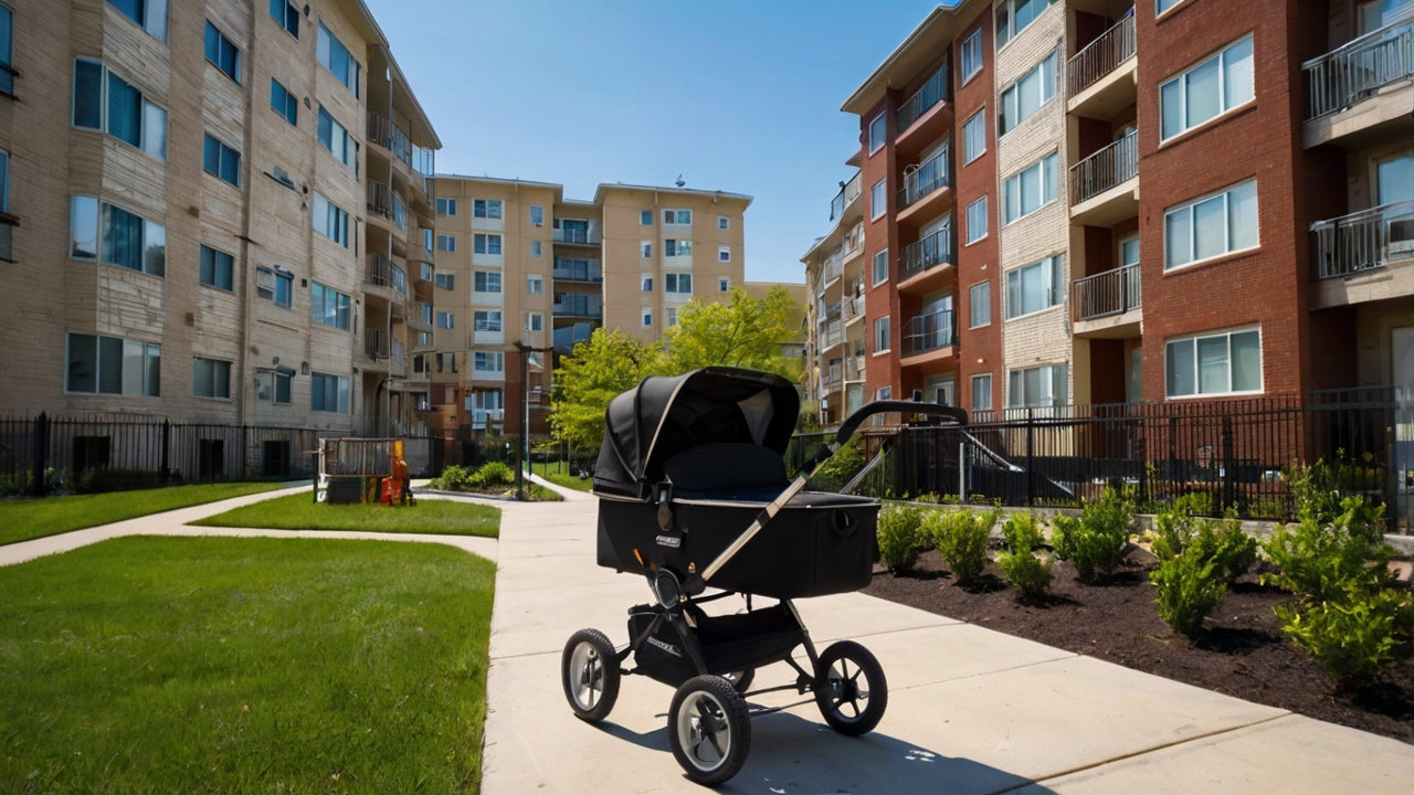 Schwarzer Kinderwagen auf Gehweg zwischen modernen Wohnhäusern bei sonnigem Wetter