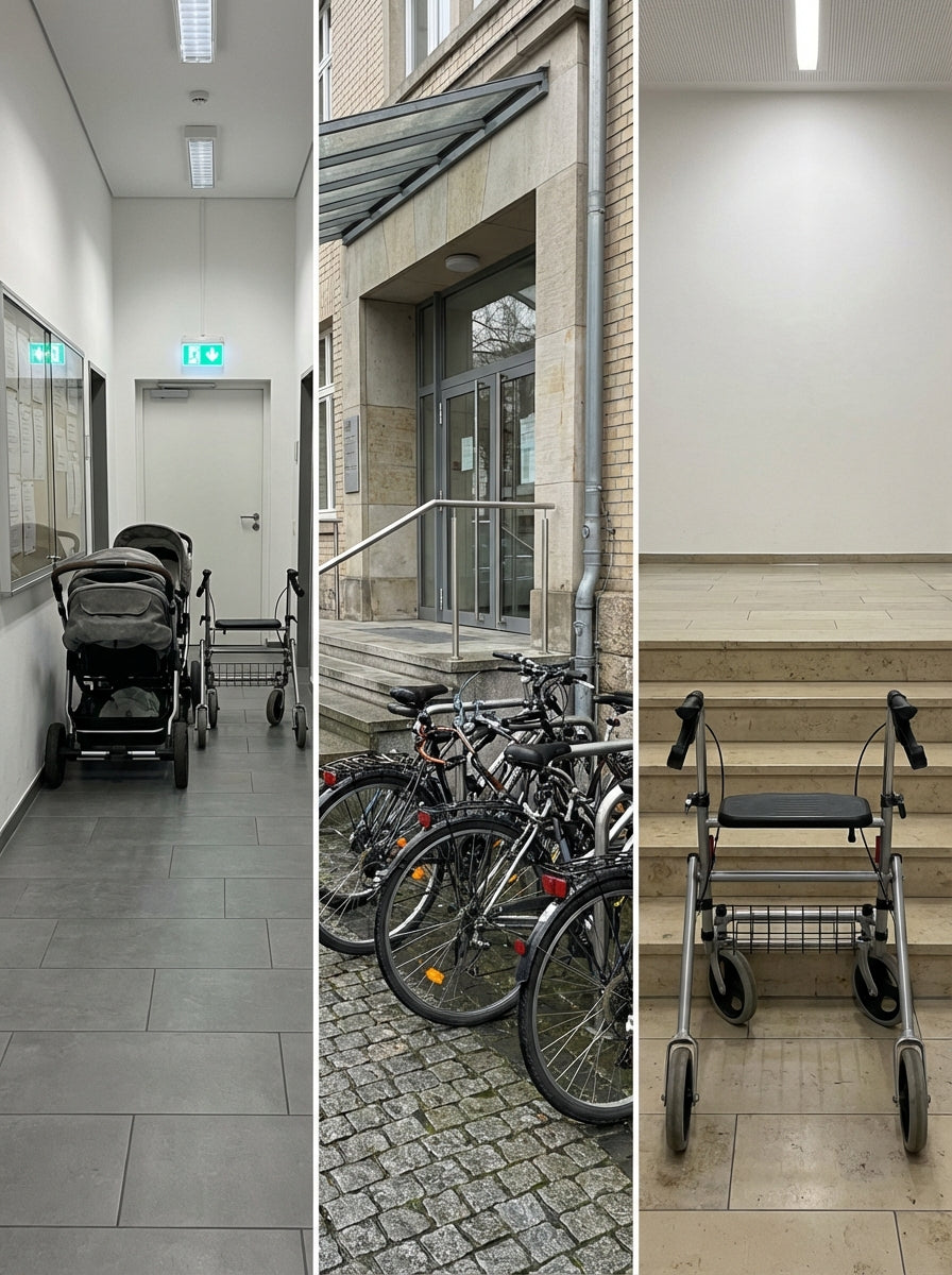 Kinderwagen, Rollator und Fahrräder vor und in öffentlichen Gebäuden, Aufbewahrungsbedarf