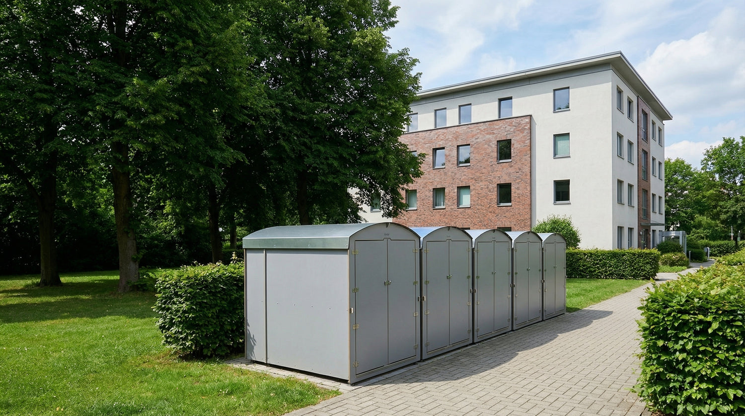 Sichere Aufbewahrungsboxen für Fahrräder und Kinderwägen vor Wohngebäude im Grünen