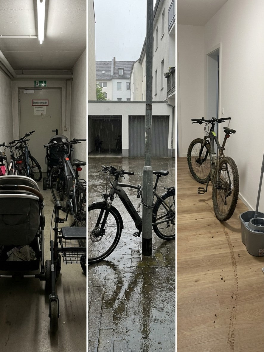 Probleme bei der Aufbewahrung von Kinderwagen und Fahrrädern: Flur vollgestellt, Fahrrad im Regen, schmutziges Fahrrad im Wohnraum mit Dreckspur auf dem Boden.