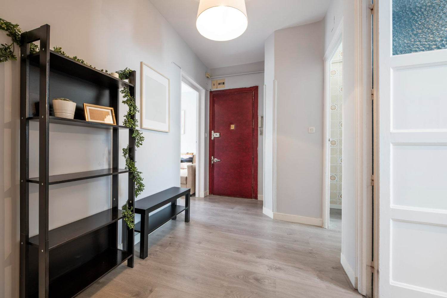 Moderner Flur mit roter Eingangstür, schwarzem Regal mit Pflanzen und hellgrauem Laminatboden
