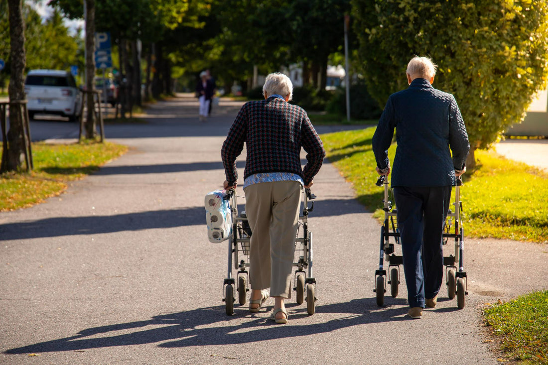 Zwei ältere Frauen mit Rollatoren gehen auf einem sonnigen Gehweg durch Park mit Bäumen und Autos