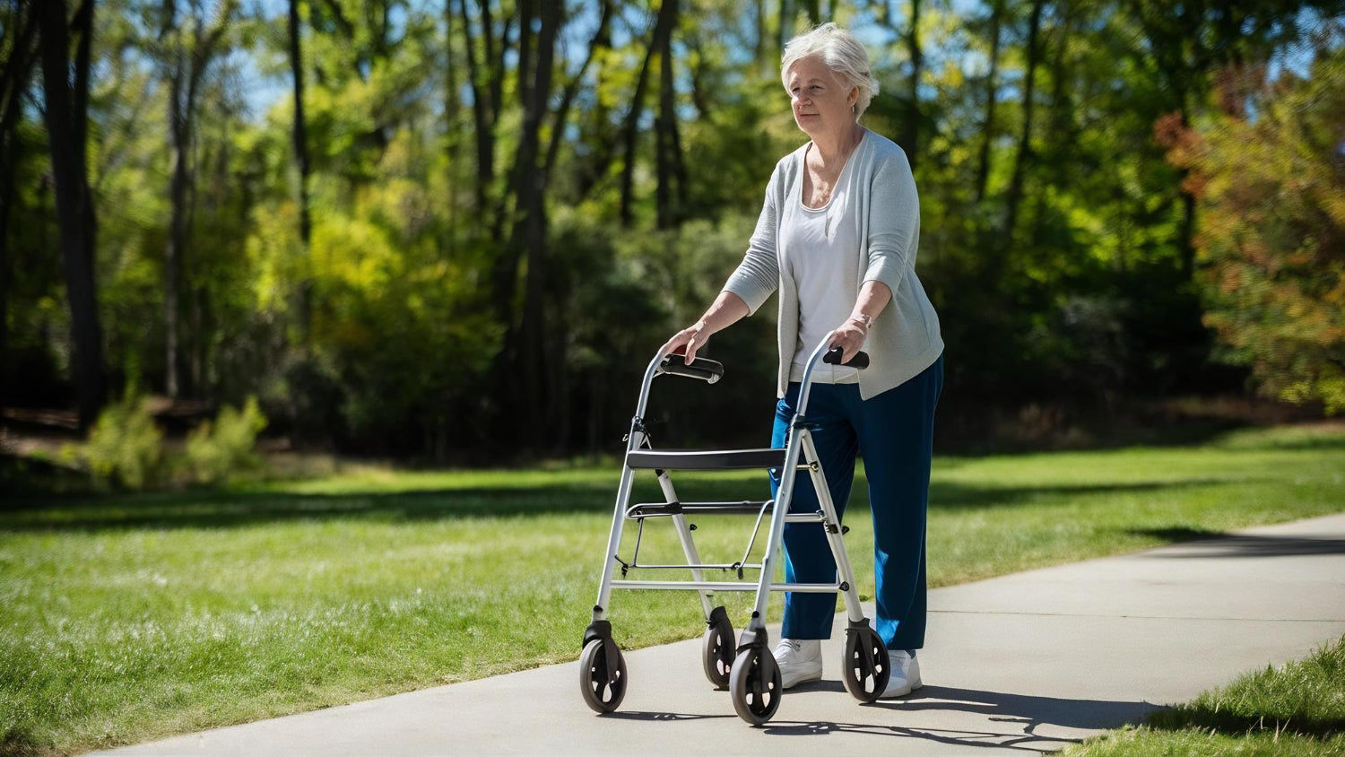 Ältere Frau geht mit Rollator auf einem gepflasterten Weg im sonnigen Park