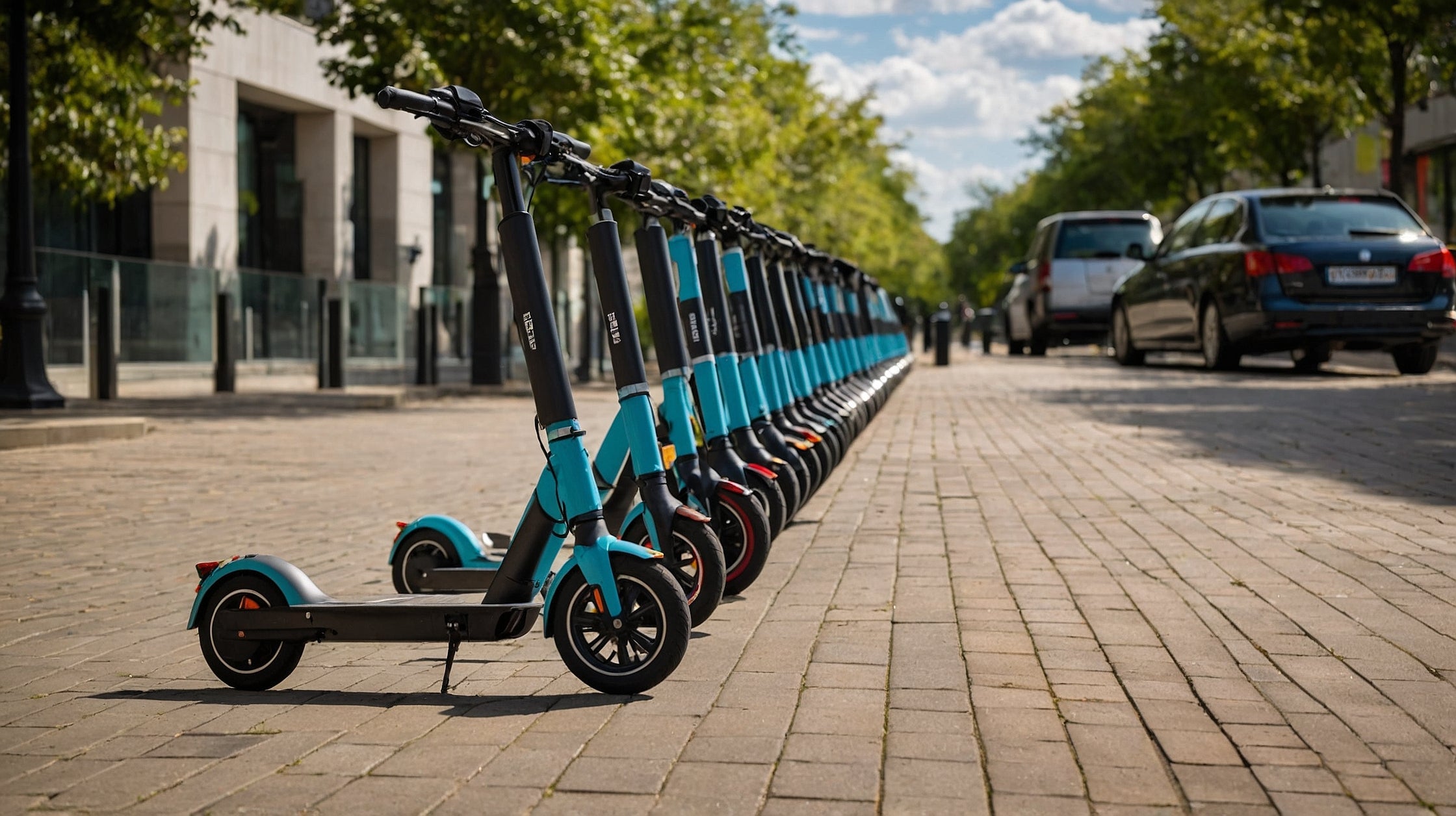 Reihe elektrisch blauer E-Scooter auf Pflasterstraße in Stadt mit Parkautos und Bäumen