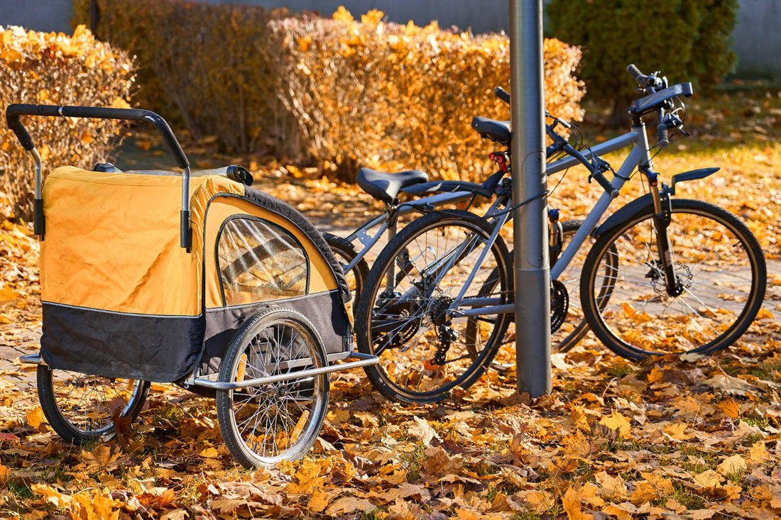 Fahrrad mit gelbem Kinderanhänger im Herbst, gesichert an Laternenpfahl im Park