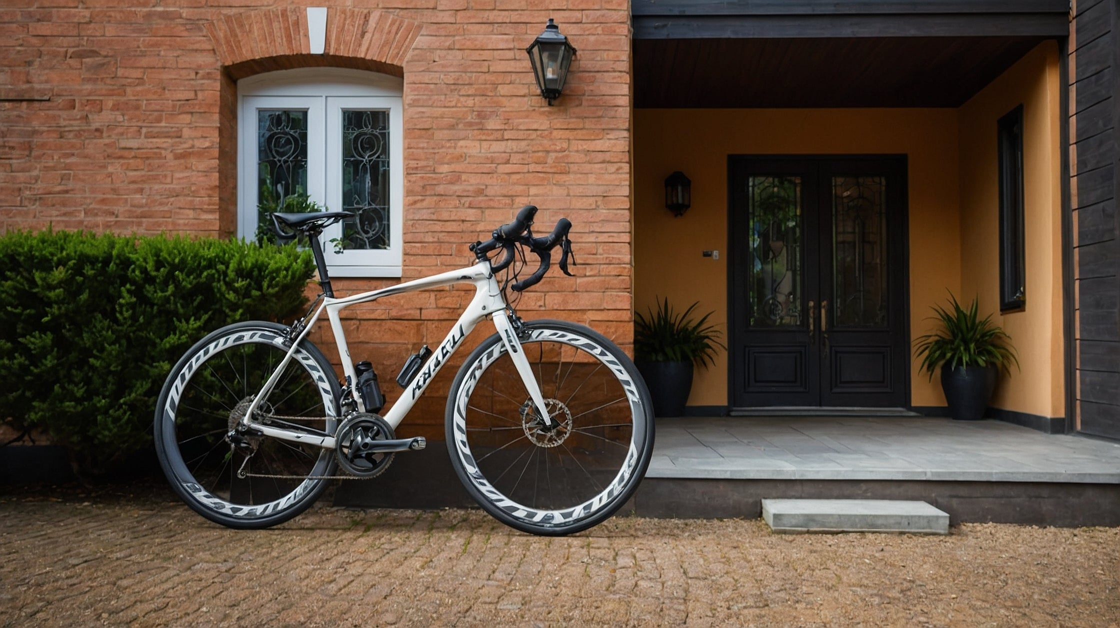 Modernes weißes Rennrad vor einem Haus mit roter Backsteinwand und Eingangstür