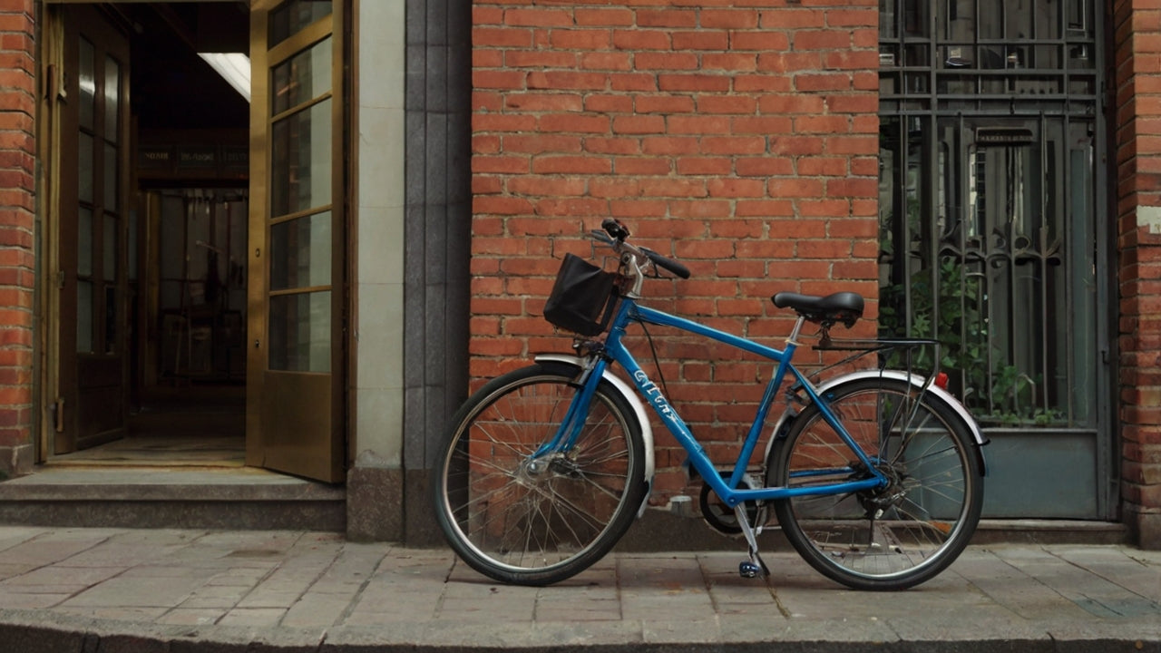 Blaues Fahrrad mit schwarzer Tasche vor roter Backsteinwand neben offenem Haustür und grauem Tor