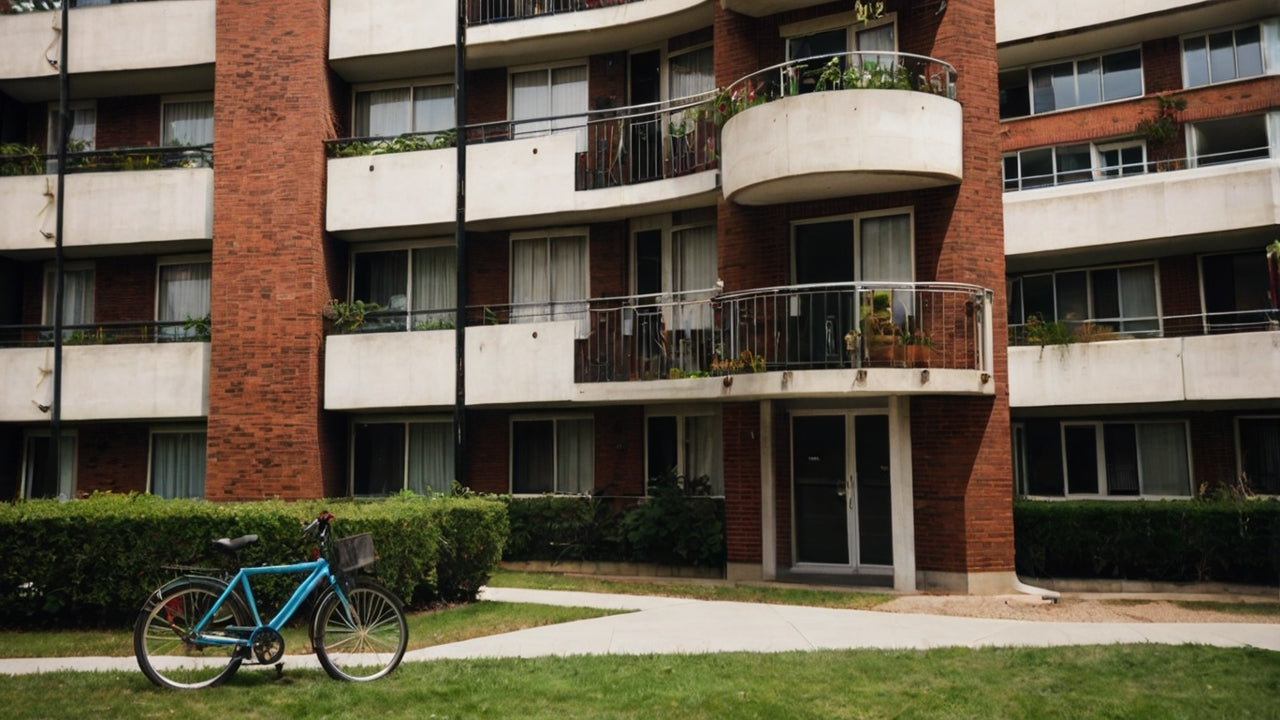 Mehrfamilienhaus mit Balkonen und blauem Fahrrad auf Rasenfläche vor Eingang
