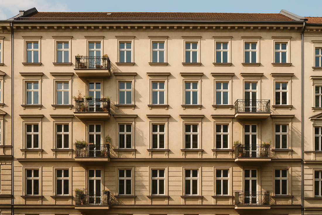 Fassadenansicht eines beige Mehrfamilienhauses mit mehreren Balkonen und zahlreichen Fenstern bei Tageslicht