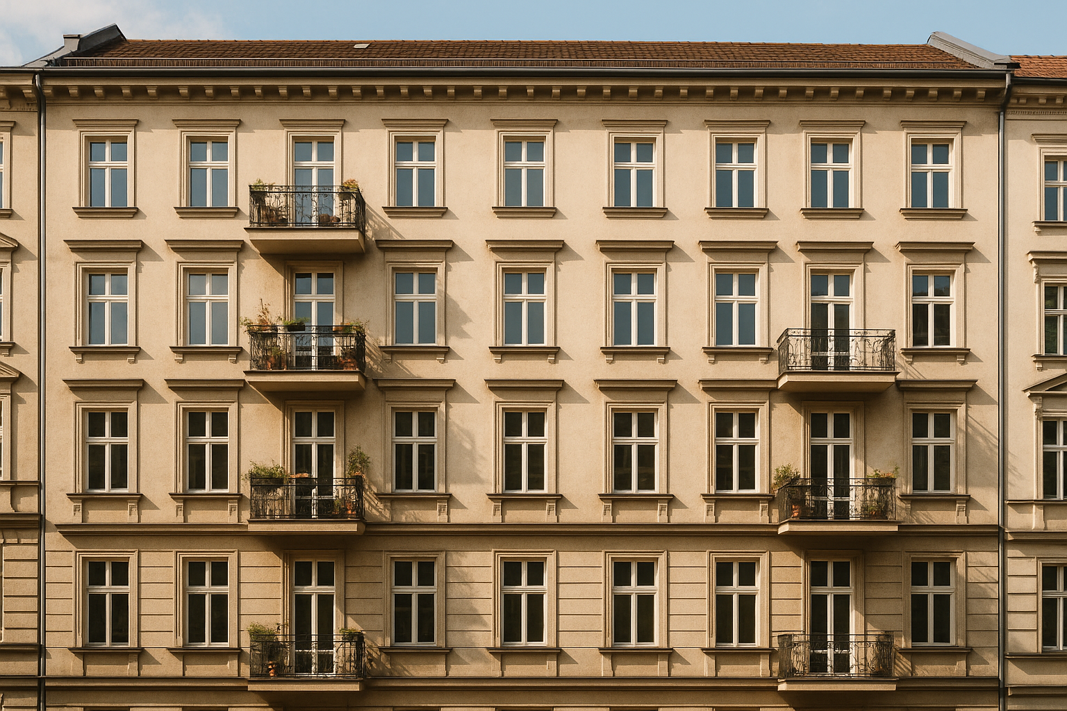 Fassadenansicht eines beige Mehrfamilienhauses mit mehreren Balkonen und zahlreichen Fenstern bei Tageslicht