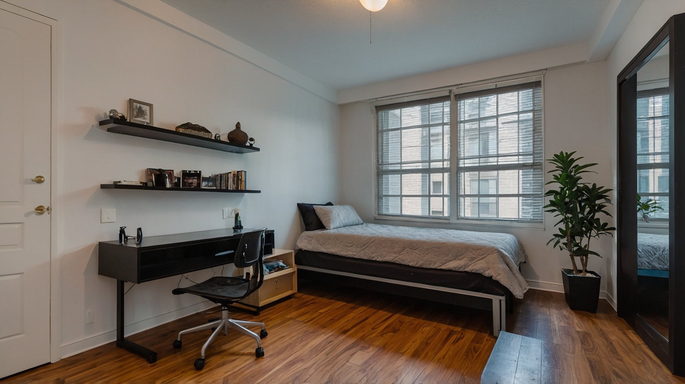 Kleines, modernes Schlafzimmer mit Einzelbett, Schreibtisch, Wandregalen und Pflanzen vor großen Fenstern