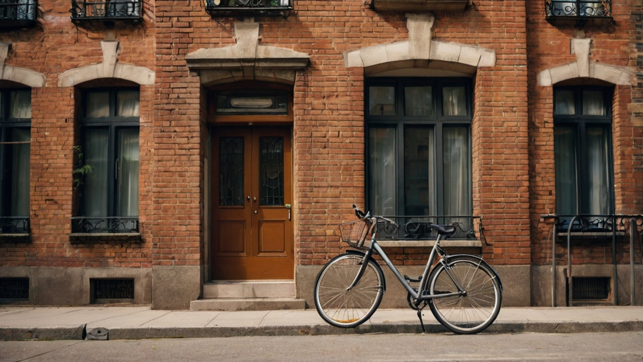 Fahrrad vor altem Backsteingebäude mit brauner Holztür und großen Fenstern in der Stadt