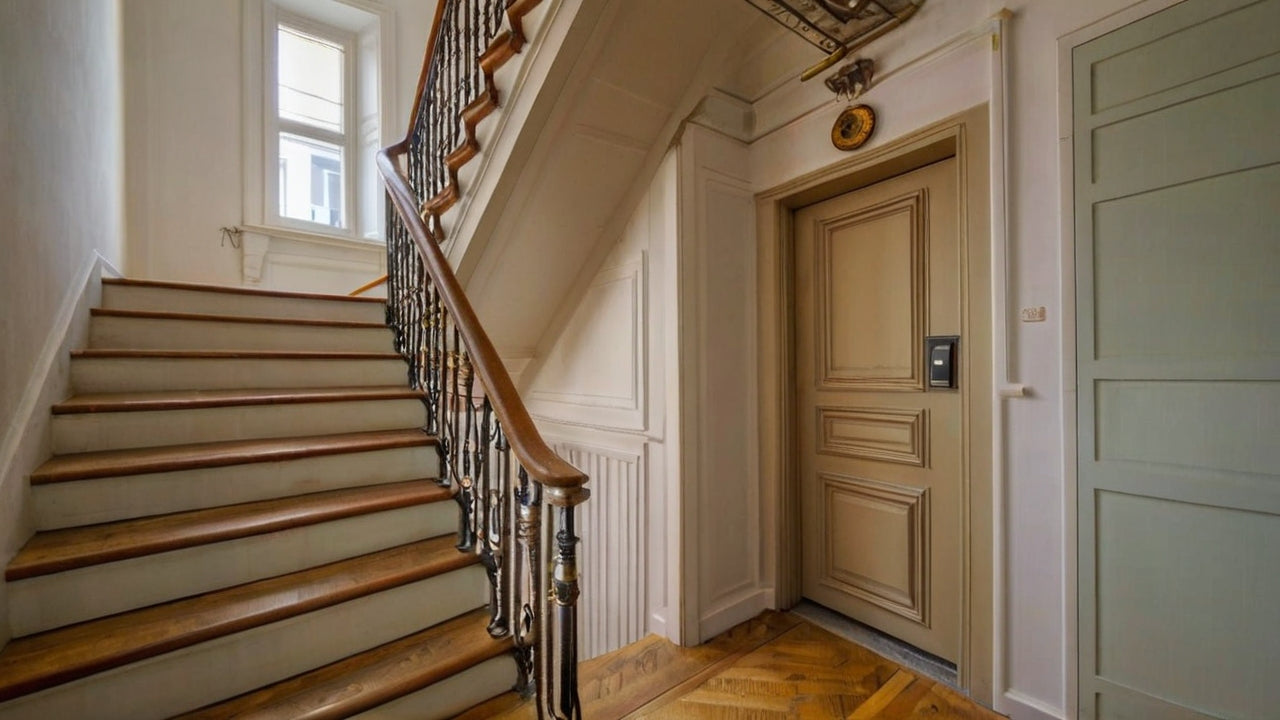 Innenansicht eines hellen Treppenhauses mit Holztreppen und einer geschlossenen beige Tür