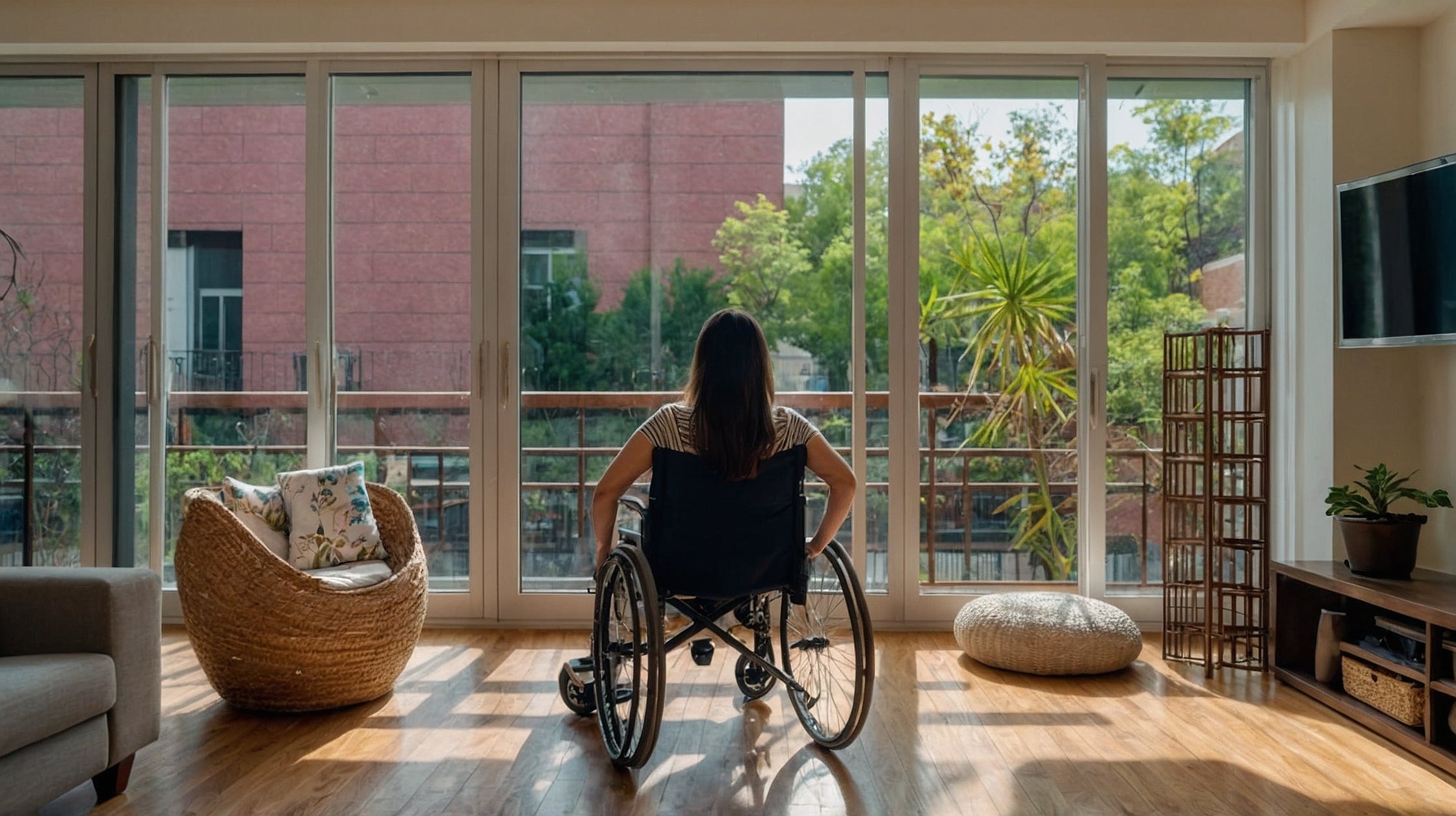Frau im Rollstuhl in barrierefreiem, modernem Wohnzimmer mit großen Fenstern und Balkonblick