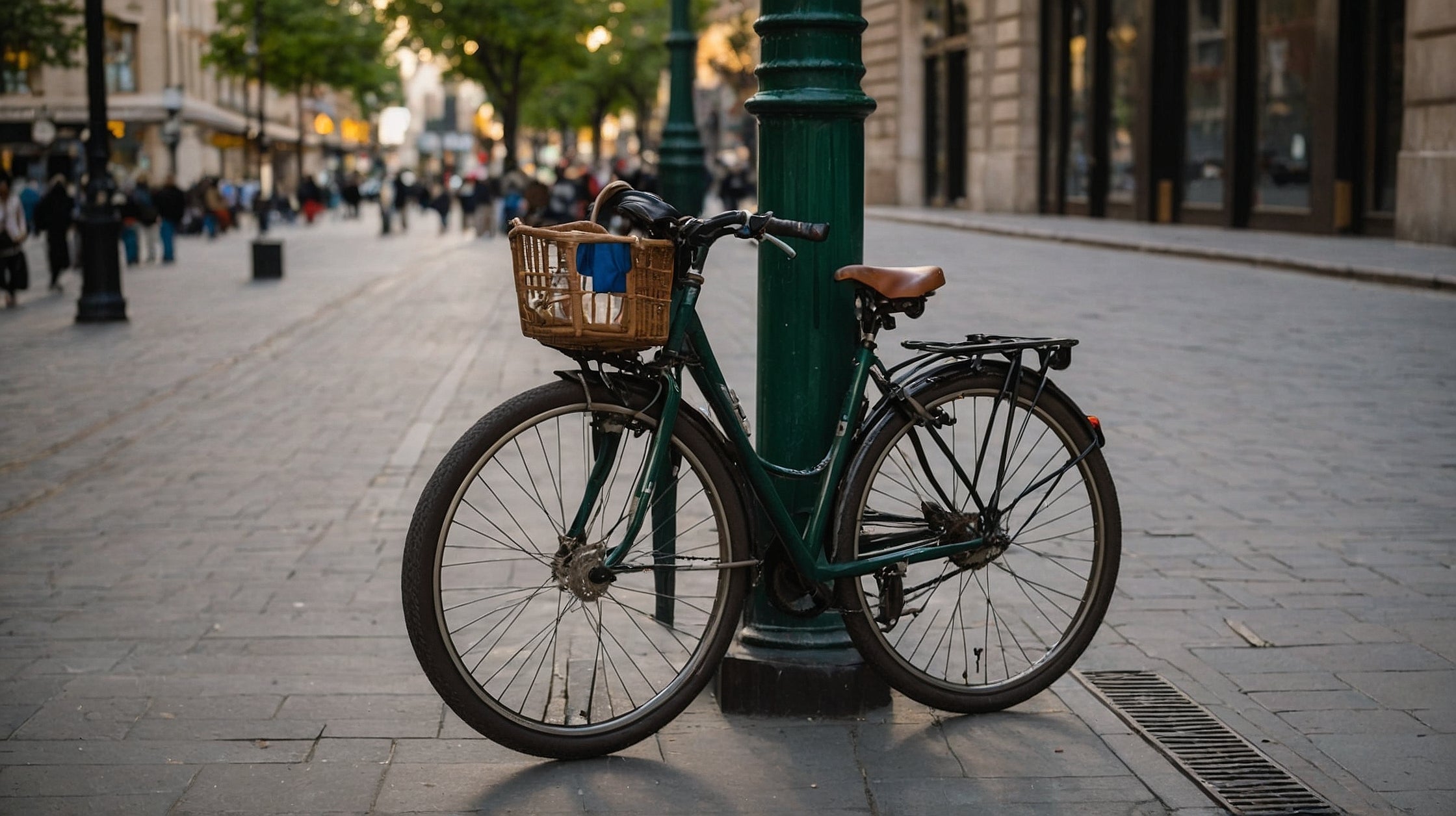 Grünes Fahrrad mit Korb an Laterne in belebter Stadtstraße geparkt