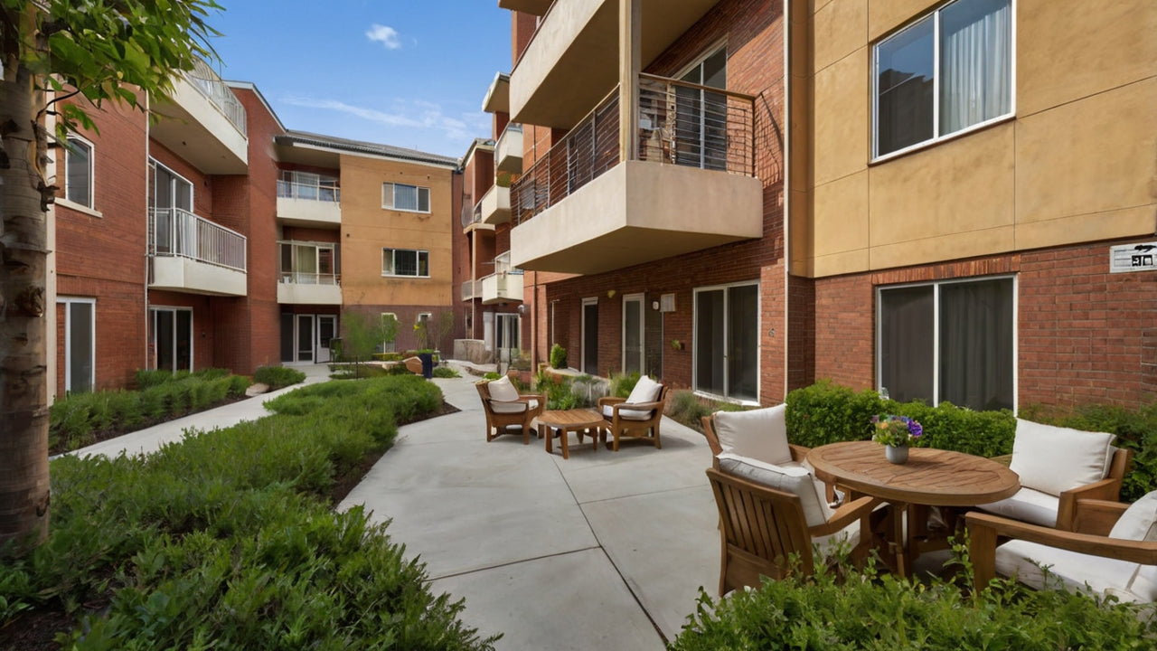 Moderner Innenhof eines familienfreundlichen Wohnkomplexes mit Sitzbereichen und gepflegten Pflanzen