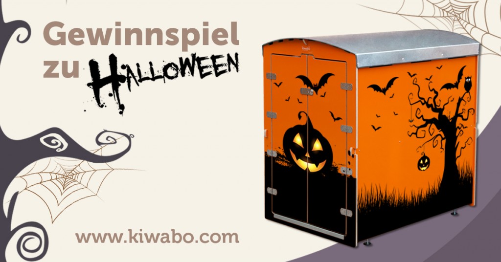 Halloween-Gewinnspiel-Motivation mit Kürbis, Fledermäusen und Spinnennetz-Design auf orangem Schrank