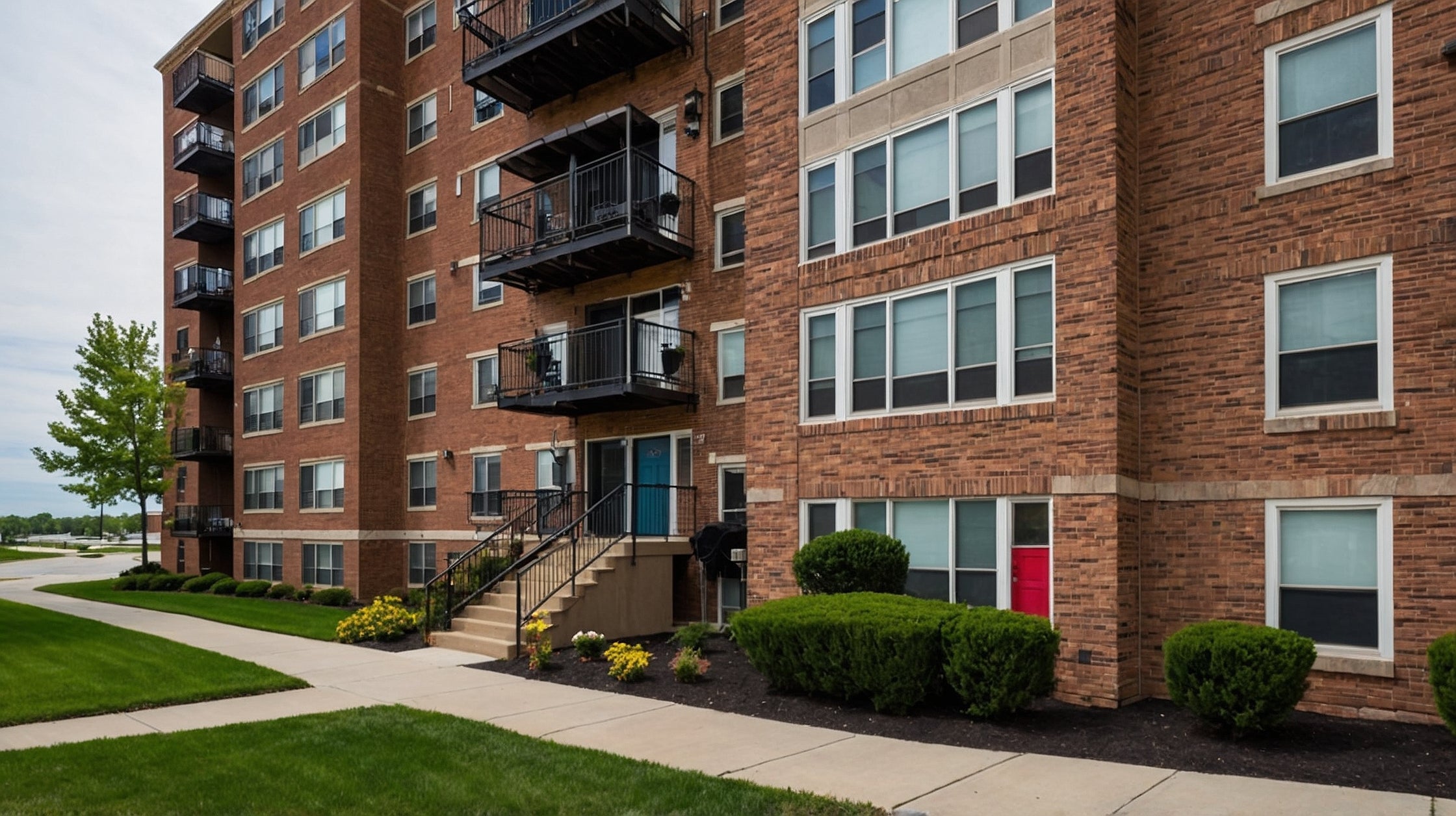 Moderne Mehrfamilienhausfassade aus rotem Backstein mit Balkonen und gepflegtem Grün