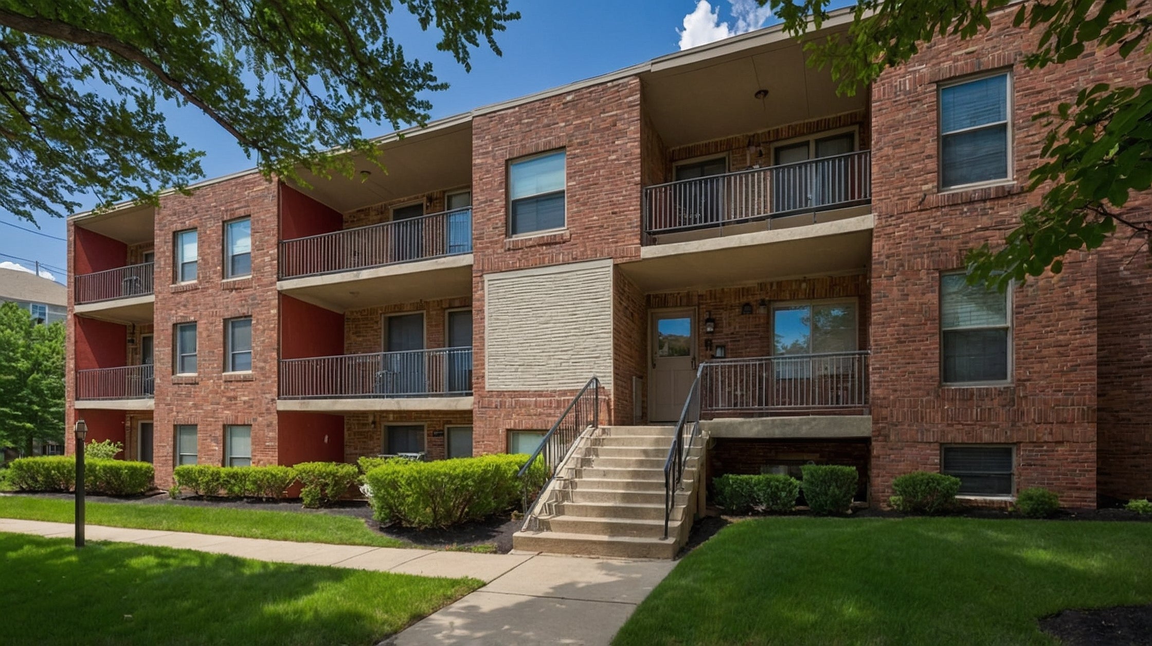 Mehrfamilienhaus mit backsteinfassade, außenanlage mit gras und buschen bei sonnigem wetter