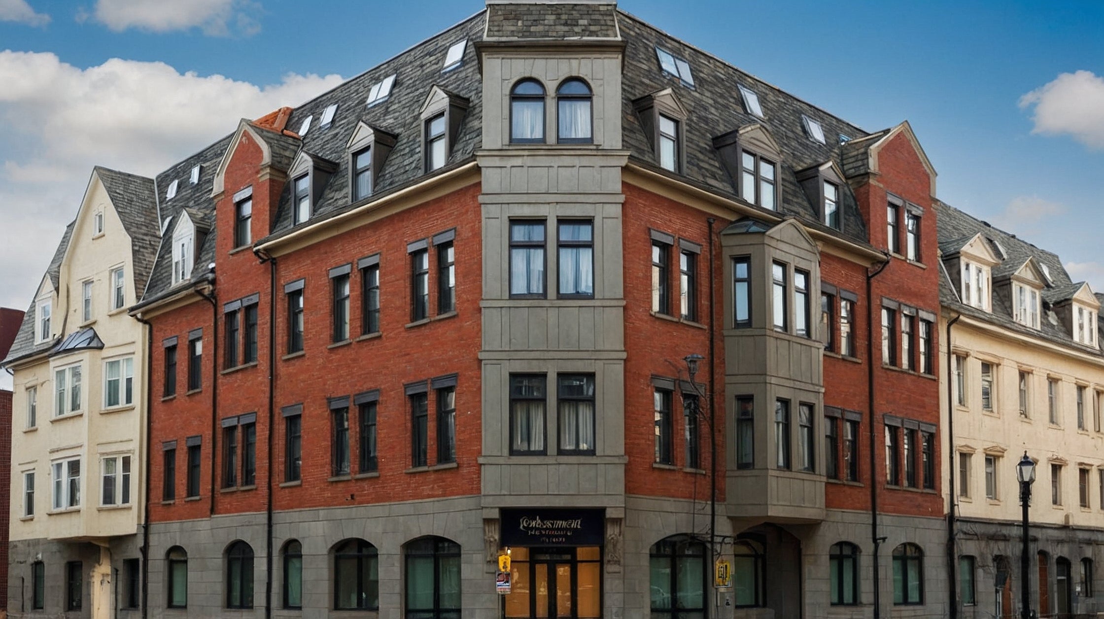 Historisches Eckgebäude mit rotem Backstein, grauem Dach und zahlreichen Fenstern bei blauem Himmel