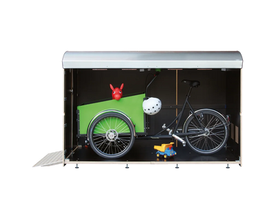 Große Aufbewahrungsbox mit Lastenfahrrad, Kinderhelm, Spielzeug und rotem Hüpf-Tier