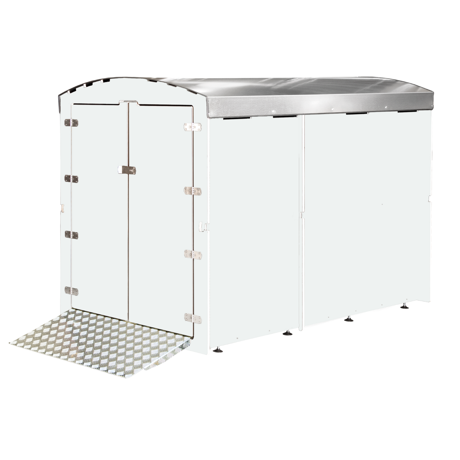 Weißer Metallfahrradunterstand mit Doppeltür und Aluminium-Riffelblech-Rampe