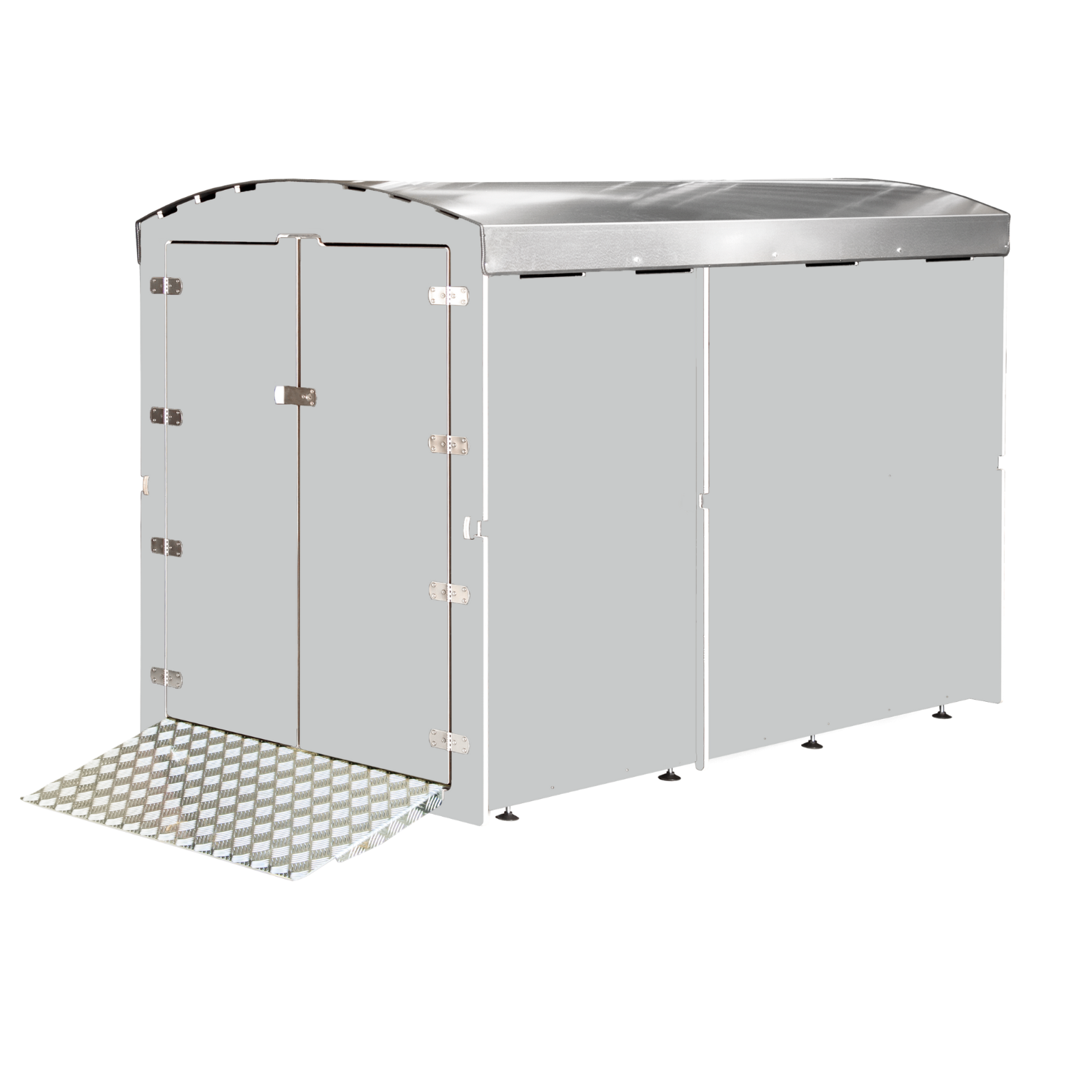 Hellgraue Metallgarage mit Blechrampe und Doppeltüren, moderner Fahrradunterstand XL