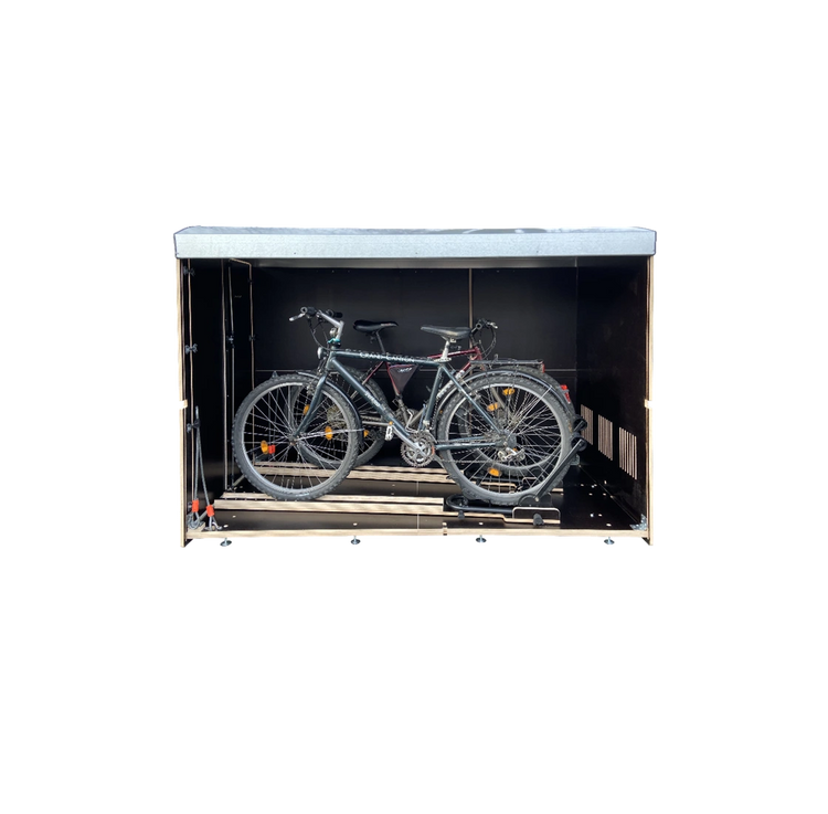 Fahrrad Aufbewahrungsbox mit zwei Fahrrädern, sicher und diebstahlsicher verstaut
