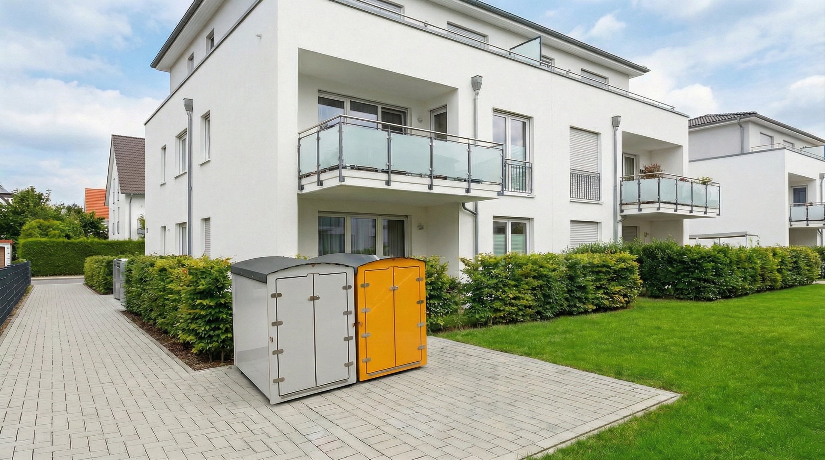 Zwei Aufbewahrungsboxen für Kinderwagen und Fahrräder vor modernem Wohnhaus aufgestellt.