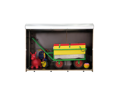 Große Aufbewahrungsbox mit Bollerwagen, Kindertraktor, Spielzeugpferd und Ball