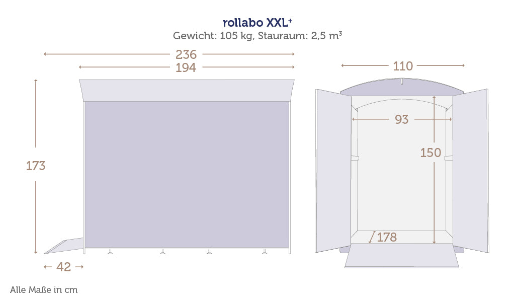 Technische Zeichnung rollabo XXL+ mit Maßen