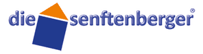 Logo mit stilisiertem Haus, Text 'die senftenberger', blau-orange Farben, weißer Kontur