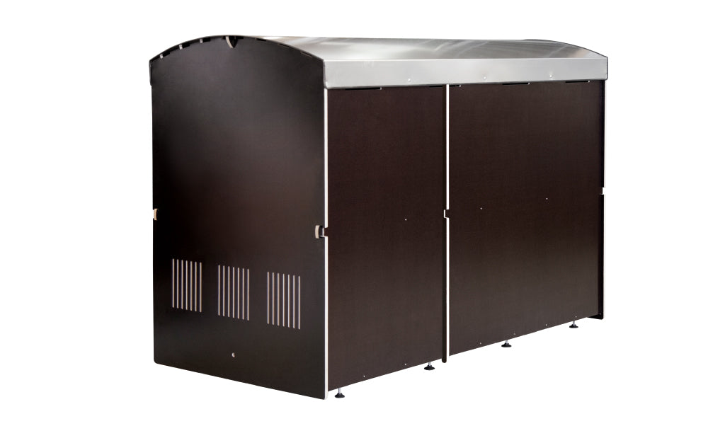 Große schwarze Mülltonnenbox aus Holz mit silbernem Metall-Halbmond-Dach und Belüftungsschlitzen