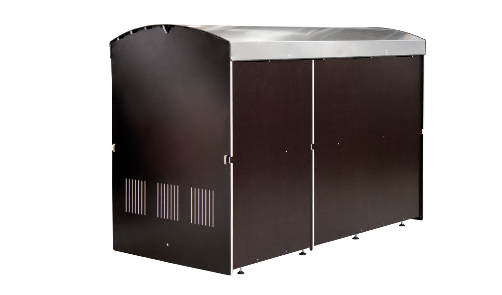 Schwarzer Fahrradunterstand mit Metall-Dach und Belüftungsschlitzen Rückenansicht