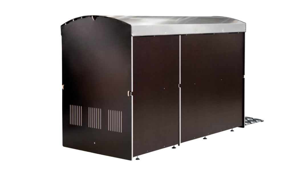 Große schwarze Fahrradgarage mit geschwungenem silbernem Metall-Dach, Rückansicht