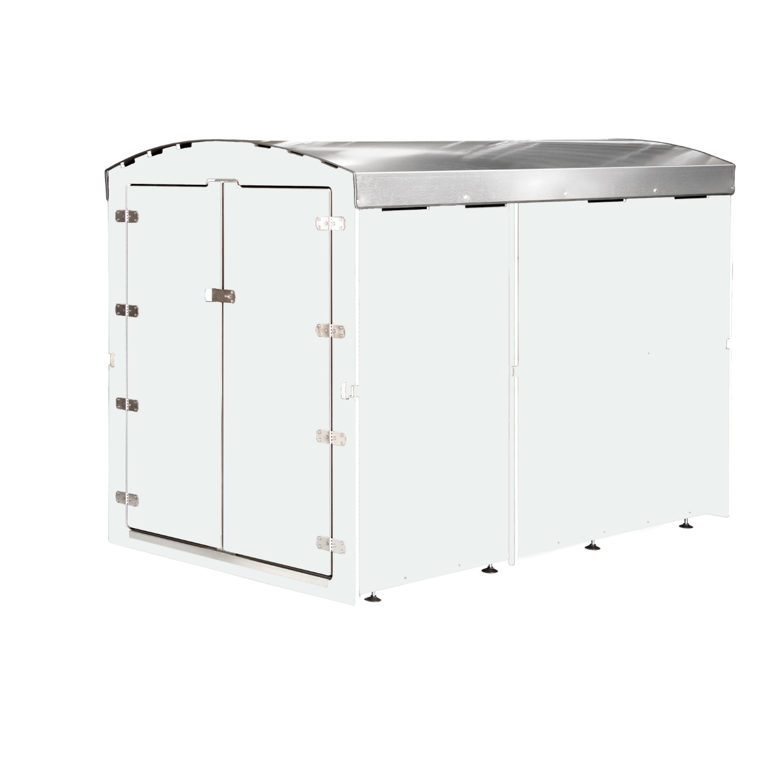 weißes Fahrradgarage mit Metall-Dach und Doppeltür, halbtotale Ansicht