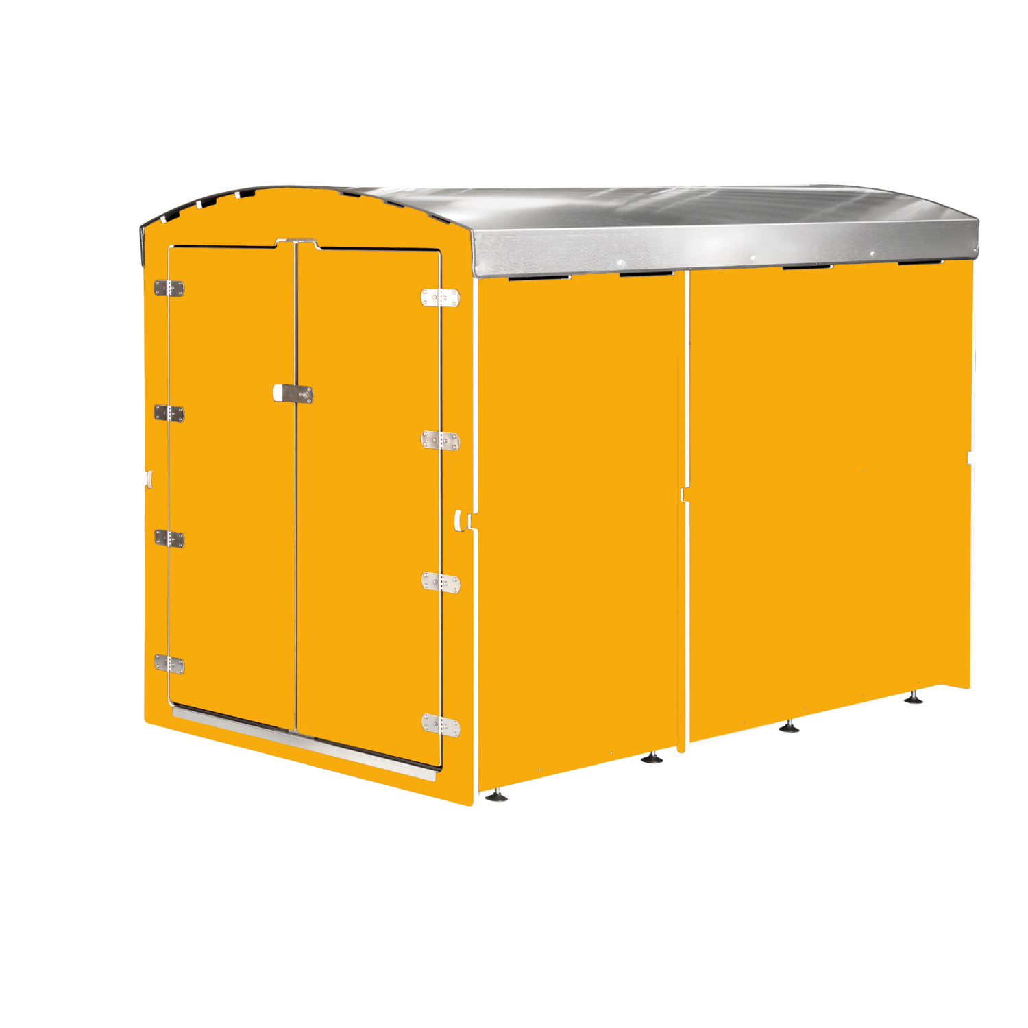 Goldgelbes Metallgerätehaus mit Doppel-Flügeltür und Edelstahl-Dach