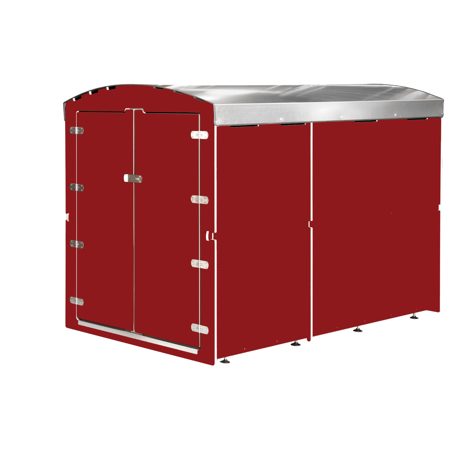 Dunkelrote Abfalltonnenbox mit doppelter Tür und verzinktem Metall-Dach