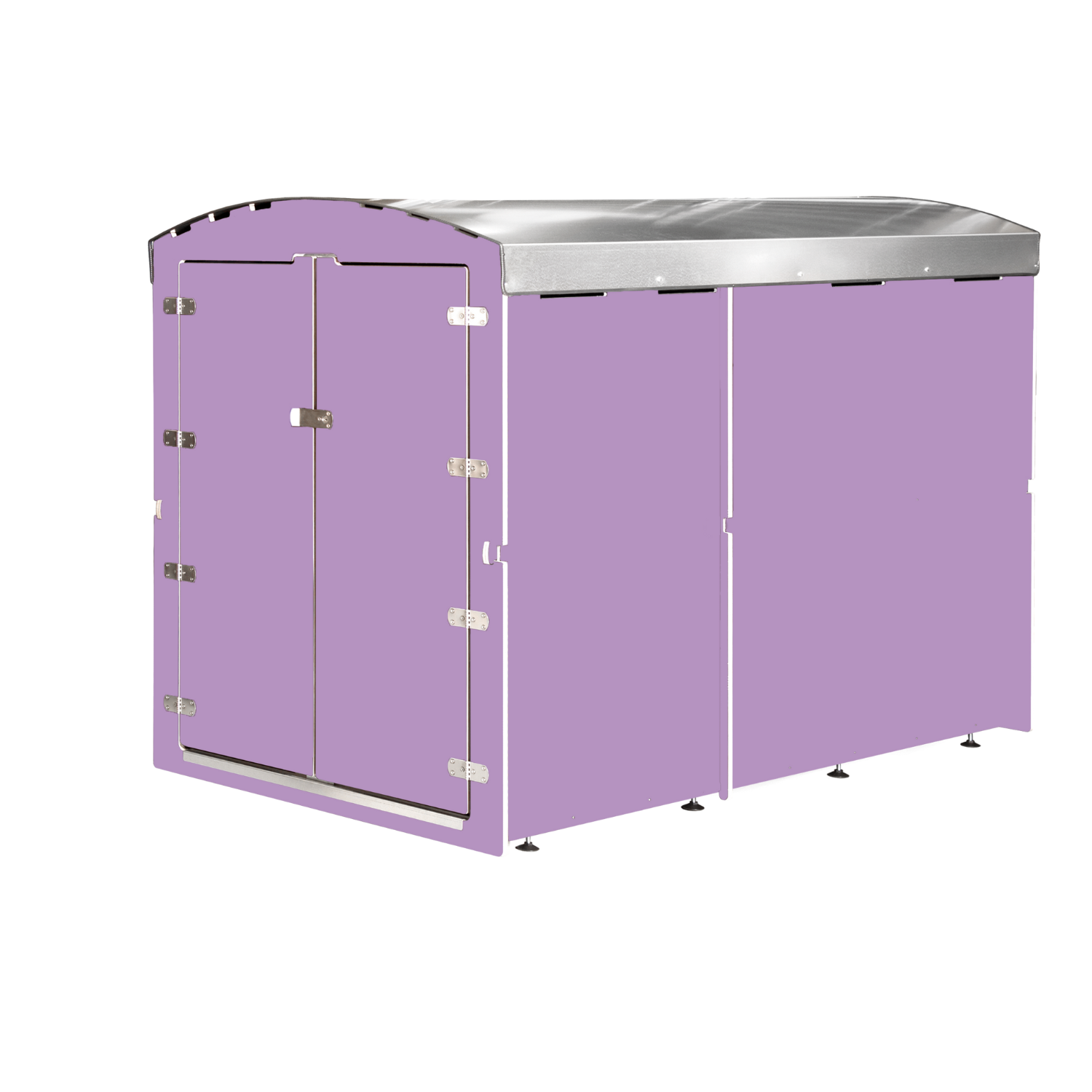 Lila Außenschrank mit Doppeltüren und silbernem Metall-Dach, stabiler Garten- oder Abstellschrank
