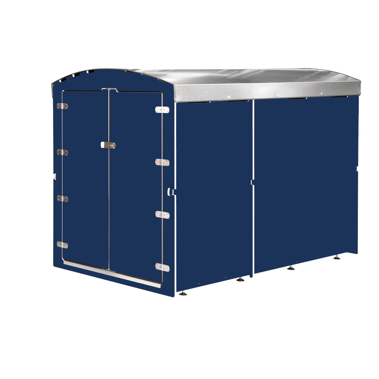 Dunkelblauer Gartenmülleimerunterstand mit Metall-Doppeltür und gebogenem Dach