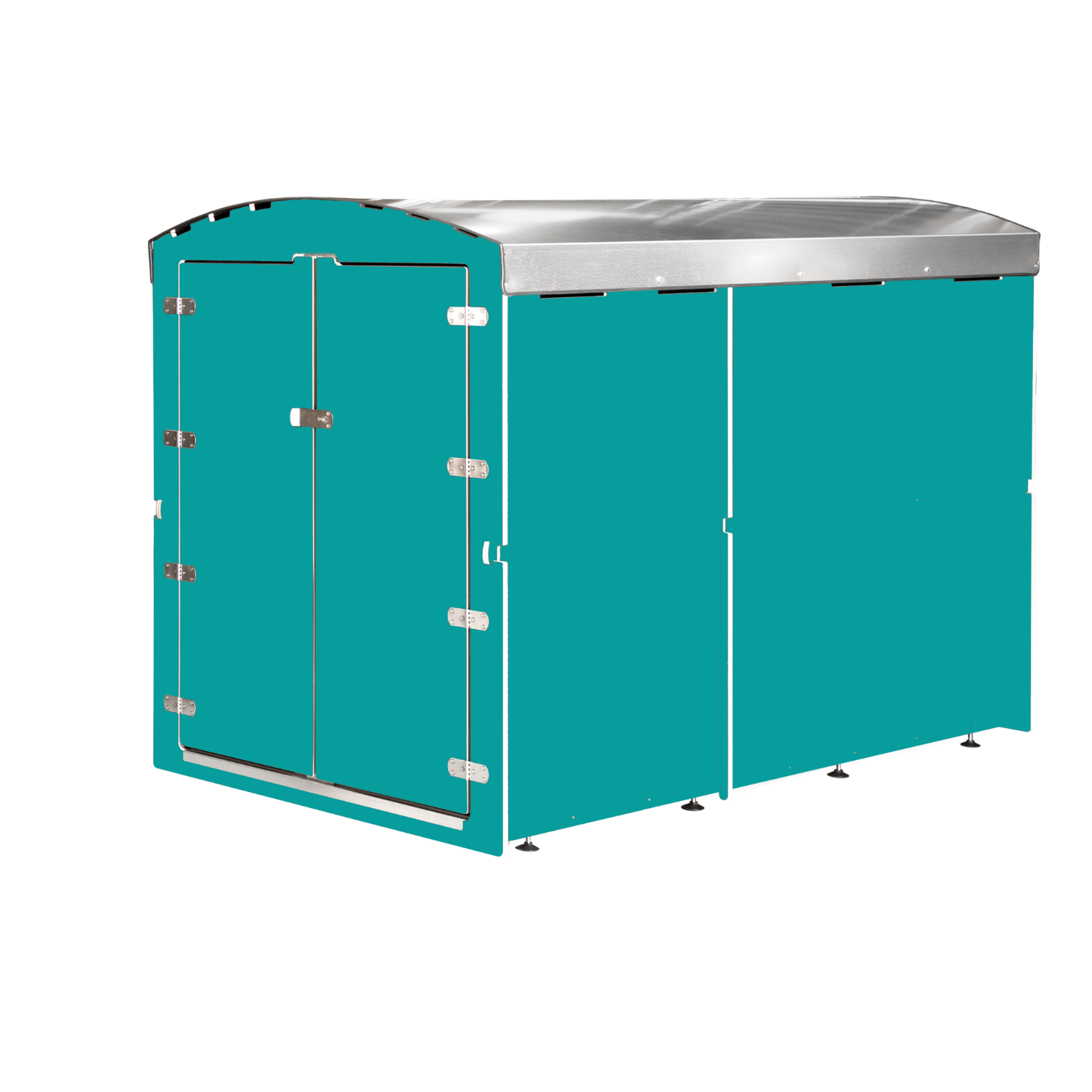 Türkiser Farabox Fahrradanhänger mit silbernem Metall-Dach und Doppeltür