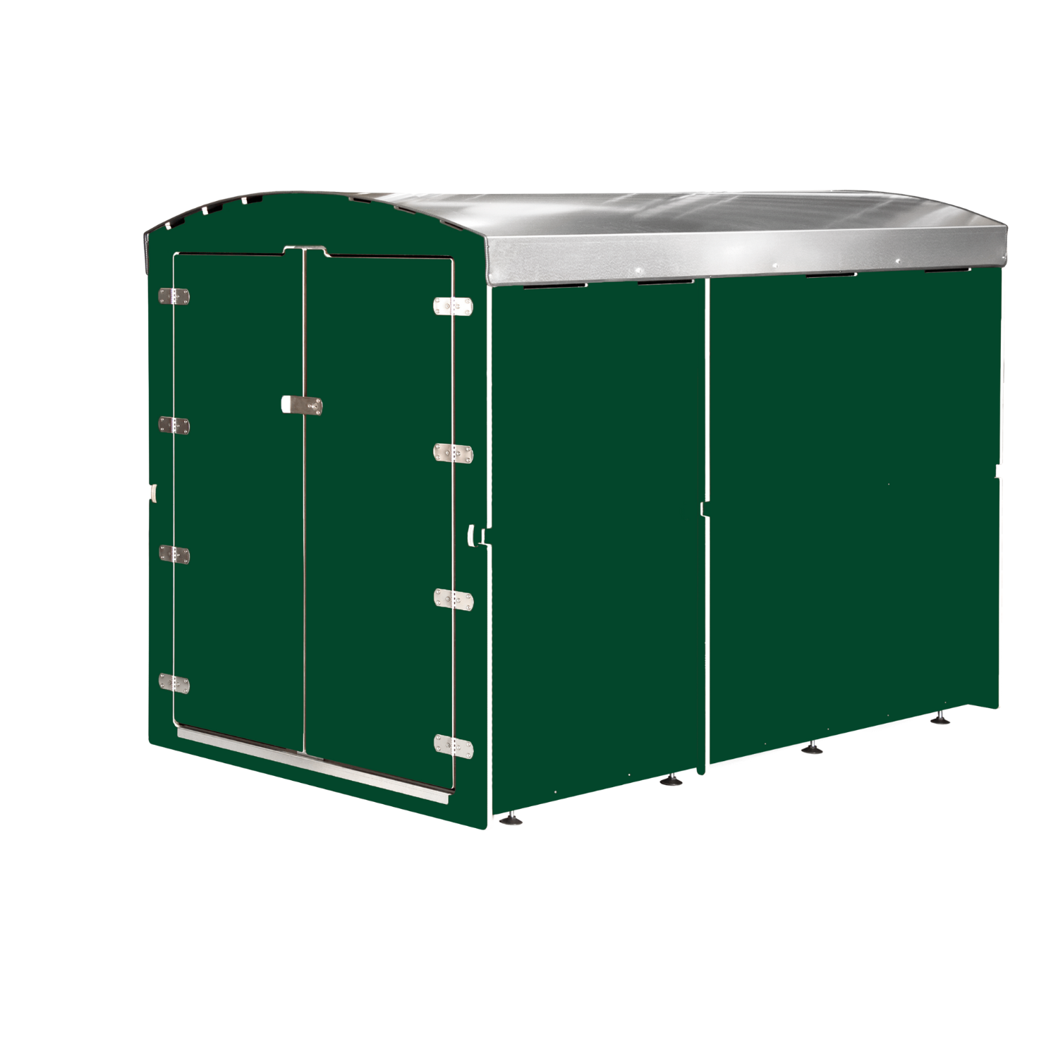Dunkelgrünes Gartenhaus mit Doppeltür und silbernem Blechdach, rechteckige Form