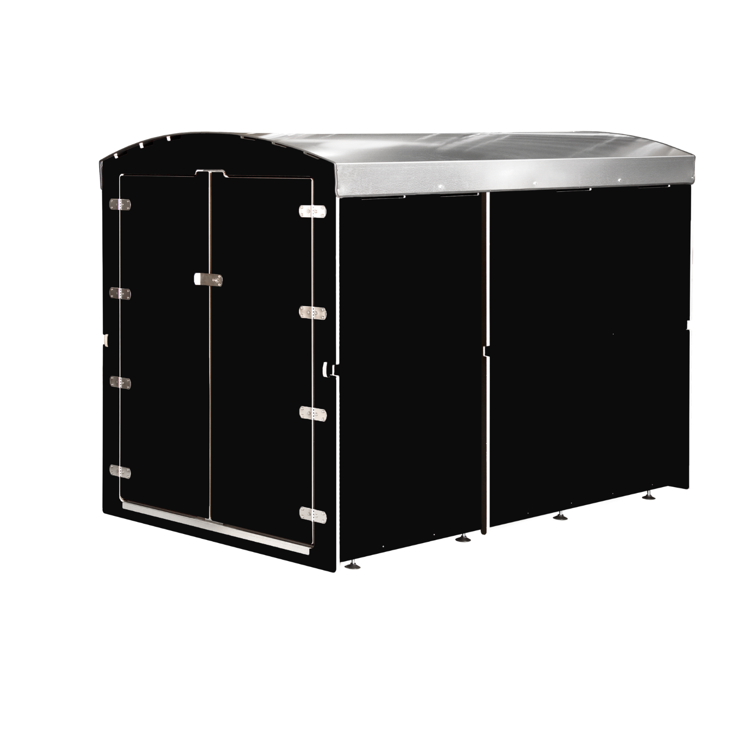 Schwarzes Gartenhaus mit Doppeltür und gewölbtem silbernem Metall-Dach