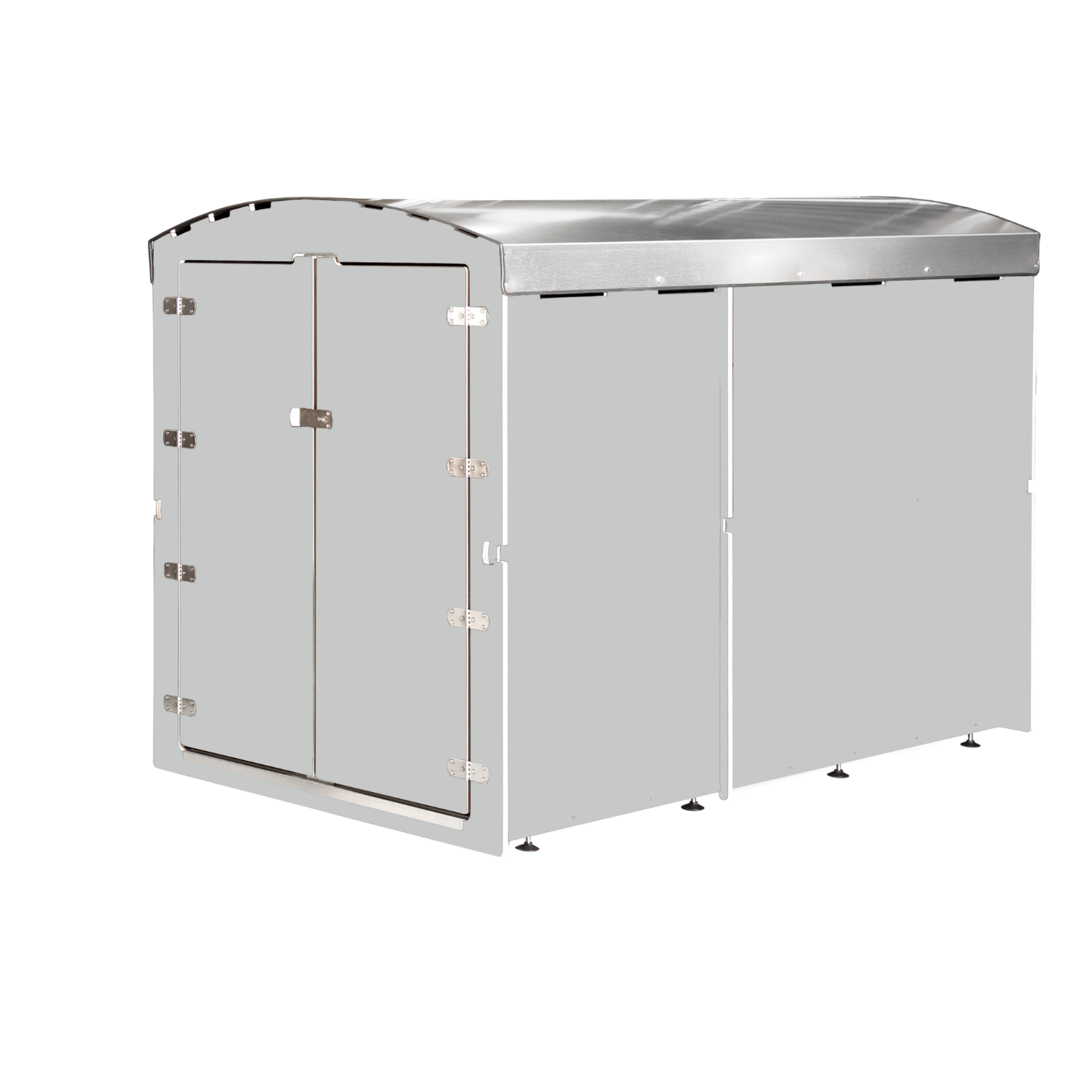 hellgraues Metallgerätehaus mit Doppeltür und gewölbtem Dach, verschließbar