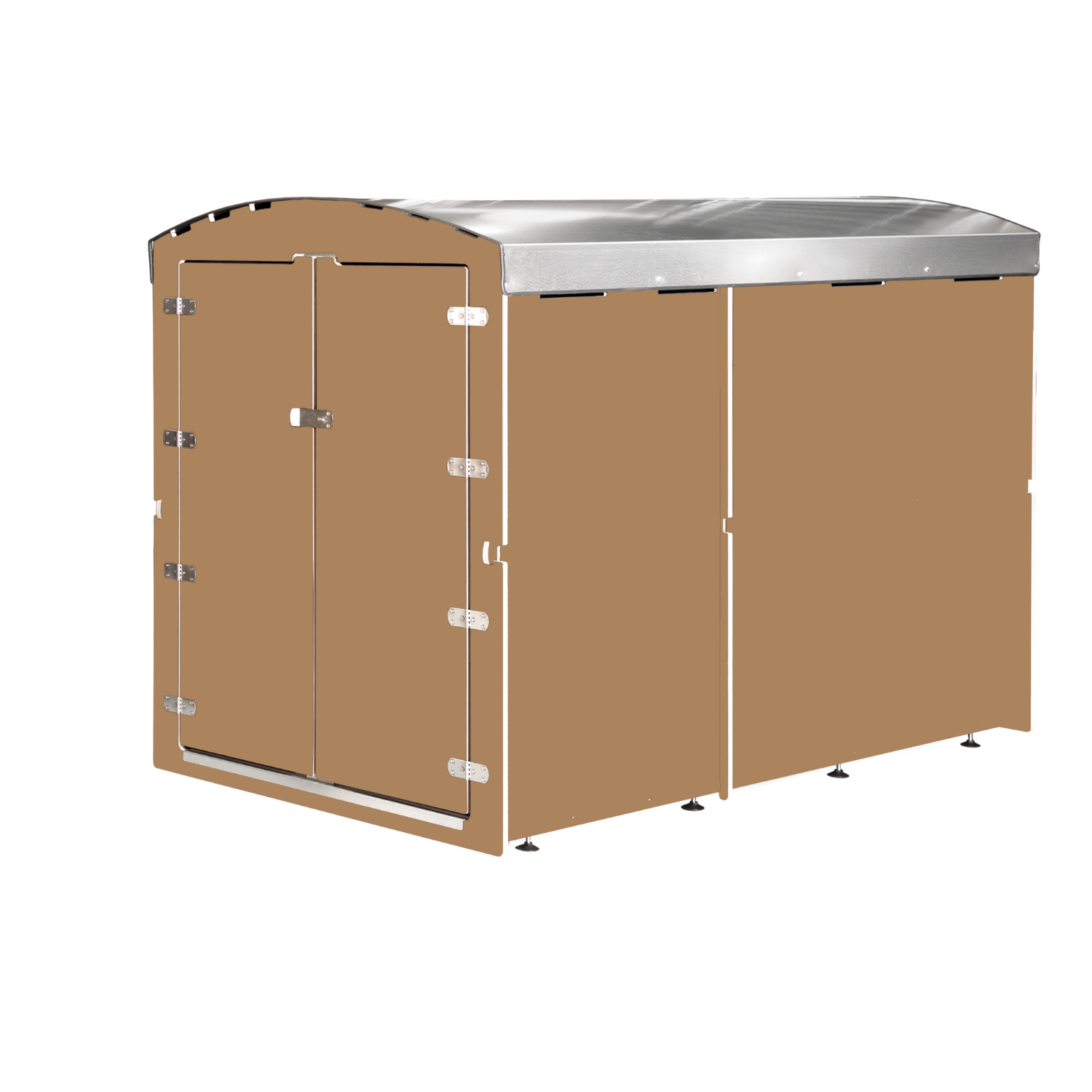 Hellbraunes Gerätehaus mit Doppeltür und silbernem Metallbogen Dach, Freisteller