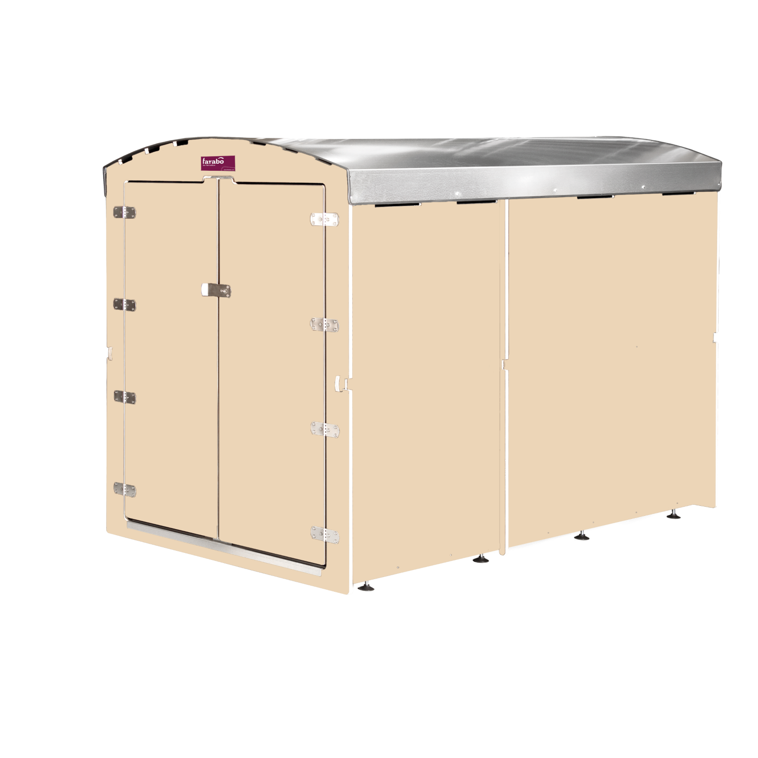 Beige lagercontainer mit Doppeltür und silbernem Dach, freigestellt vor weißem Hintergrund