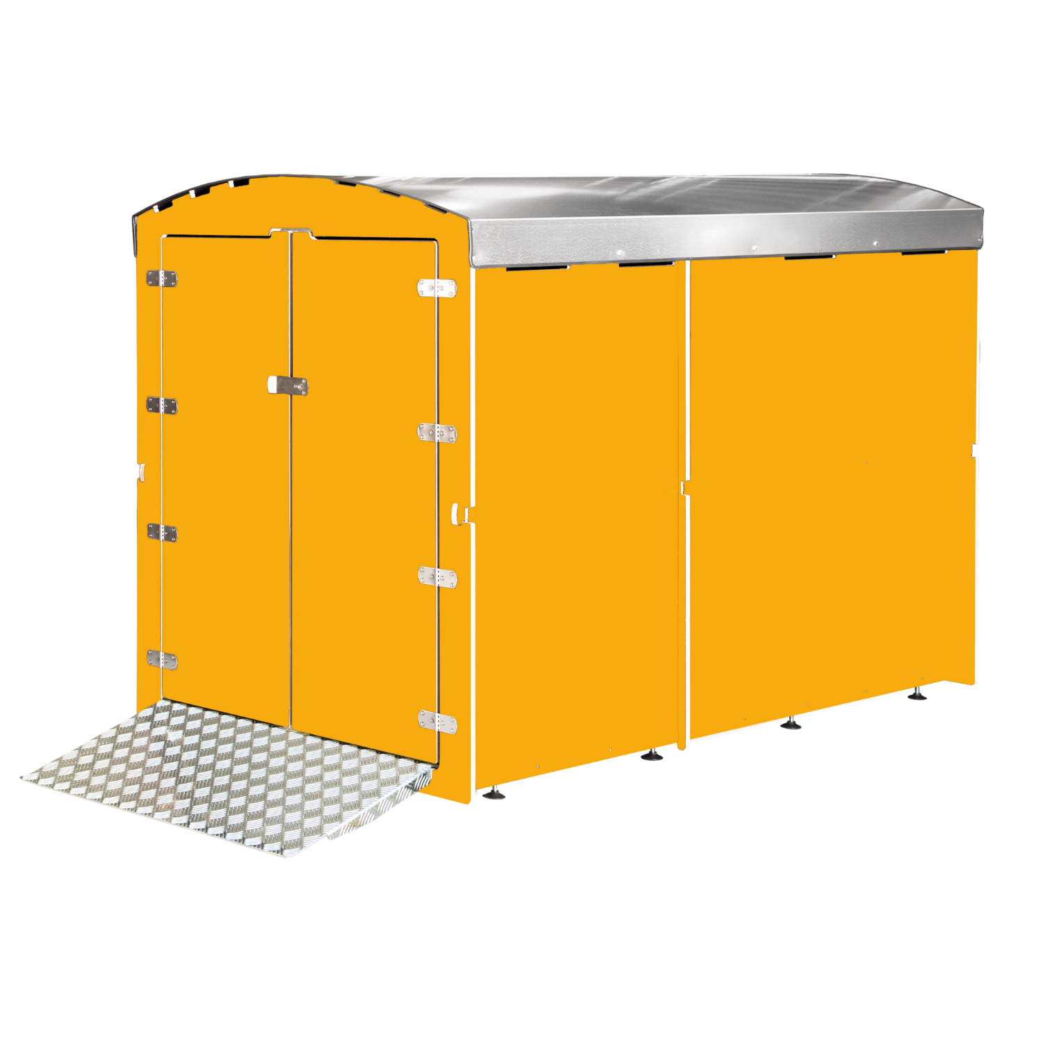 Goldgelber Fahrradunterstand mit Metallrampe und silbernem Dach, wetterfest und robust